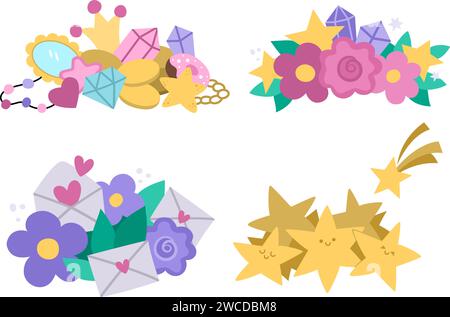 Vector unicorn treasures set. Cute compositions with letters, hearts, flowers, pile of fallen stars, diamonds and crown. Magic or fairytale icons coll Stock Vector