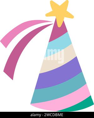 Vector rainbow colored birthday cone hat with star on top. Fairytale themed birthday cap. Cute magic head accessory design element. Holiday headwear i Stock Vector