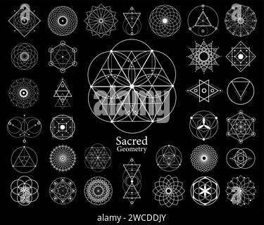 Sacred geometry vector design elements. Alchemy, religion, philosophy, spirituality, yantra hipster symbols and elements. Set collection, white tattoo Stock Vector