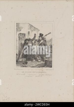 Quartering, 1832, 1832 - 1833 print Two French soldiers at the door of a house for their quartering. At the time of the siege of the Citadel of Antwerp, November-December 1832. Part of a series of twenty magazines from 1833 with performances of the military intervention of the French Northern Army in Belgium in 1832. Paris paper  providing quarters, requisition of space Stock Photo