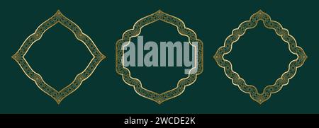 Gold geometric ornamental frame, round and square shapes Islamic window with girikh pattern, silhouette Arabic rhombus. Luxury set in oriental style Stock Vector