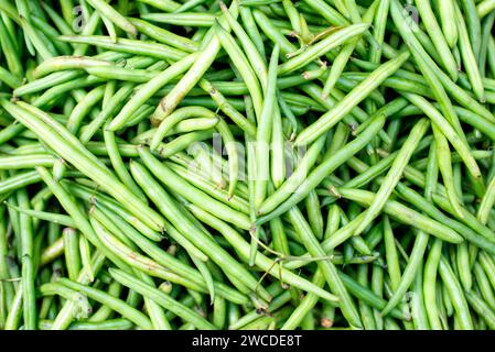 A close-up image showcasing a heap of vibrant green beans neatly arranged on a table Stock Photo
