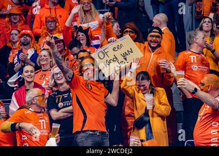 Mannheim, Germany. 15th Jan, 2024. MANNHEIM, GERMANY - JANUARY 15: Fans and supporters of The Netherlands during the EHF Euro 2024 Preliminary Round match between Netherlands and Georgia at SAPP Arena on January 15, 2024 in Mannheim, Germany. (Photo by Henk Seppen/Orange Pictures) Credit: Orange Pics BV/Alamy Live News Stock Photo
