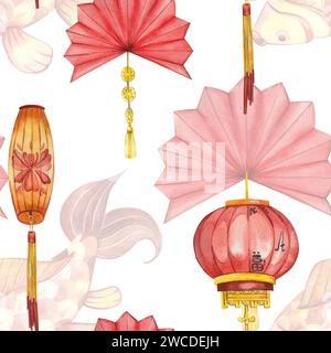 Seamless pattern on the theme of Chinese New Year 2024 Paper lanterns, fans and carps in red and yellow colors hand-drawn in watercolor Stock Photo