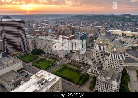 Cincinnati city, Ohio USA. View from above of brightly illuminated high skyscraper buildings in downtown district of American megapolis with business Stock Photo