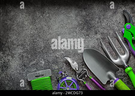 Agricultural Tools Set On Dark Background Stock Photo