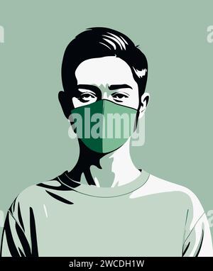 minimalist monochromatic composition of a man on a flat background with shades of green,his face covered with a mouth cover in compliance with the law Stock Vector