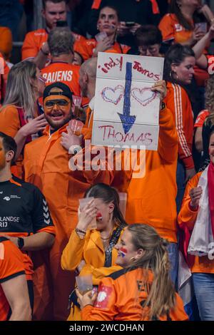 Mannheim, Germany. 15th Jan, 2024. MANNHEIM, GERMANY - JANUARY 15: Fans and supporters of The Netherlands during the EHF Euro 2024 Preliminary Round match between Sweden and Netherlands at SAPP Arena on January 15, 2024 in Mannheim, Germany. (Photo by Henk Seppen/Orange Pictures) Credit: Orange Pics BV/Alamy Live News Stock Photo