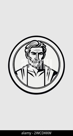 circular logo of stoic man with space for custom text, simple drawing in few lines on white background Stock Vector