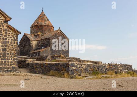 View of the Sevanavank, monastic complex located on the shore Lake Sevan. Surp Arakelots meaning the Holy Apostles. Stock Photo