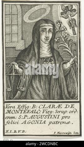 H. Clara van Montefalco, François Harrewijn, c. 1710 - 1764 print The Holy Clara of Montefalco with a lily in her left hand and a scale in her right hand. Above her head a halo and right of her a crucified Christ surrounded with three pairs of wings within a jet wreath. She is dressed in a habit with a knotted monk belt and a white hood with a black veil. Under the portrait a four -line text in Latin. Brussels paper engraving female saints. flowers: lily. weighing-instruments Stock Photo