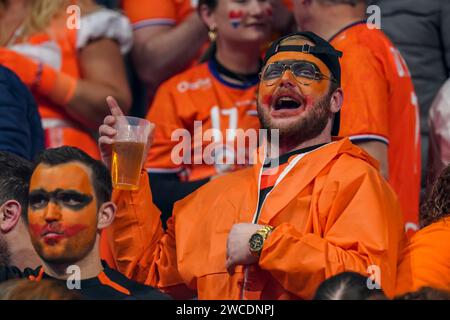 Mannheim, Germany. 15th Jan, 2024. MANNHEIM, GERMANY - JANUARY 15: Fans and supporters of The Netherlands during the EHF Euro 2024 Preliminary Round match between Sweden and Netherlands at SAPP Arena on January 15, 2024 in Mannheim, Germany. (Photo by Henk Seppen/Orange Pictures) Credit: dpa/Alamy Live News Stock Photo