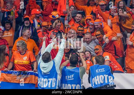 Mannheim, Germany. 15th Jan, 2024. MANNHEIM, GERMANY - JANUARY 15: Fans and supporters of The Netherlands during the EHF Euro 2024 Preliminary Round match between Sweden and Netherlands at SAPP Arena on January 15, 2024 in Mannheim, Germany. (Photo by Henk Seppen/Orange Pictures) Credit: dpa/Alamy Live News Stock Photo