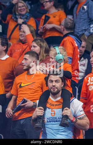 Mannheim, Germany. 15th Jan, 2024. MANNHEIM, GERMANY - JANUARY 15: Fans and supporters of The Netherlands during the EHF Euro 2024 Preliminary Round match between Sweden and Netherlands at SAPP Arena on January 15, 2024 in Mannheim, Germany. (Photo by Henk Seppen/Orange Pictures) Credit: dpa/Alamy Live News Stock Photo