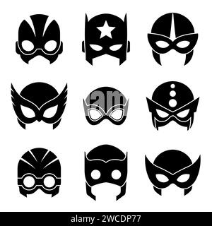 Super hero masks set black icons. Superhero face masque and masking cartoon character. Comic book mask collection. Heroic or savior vector Stock Vector