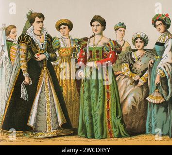 History of Italy. 1500-1600. Madam's dresses. Chromolithography. 'Historia Universal', by César Cantú. Volume VII, 1881. Stock Photo