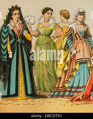 History of Italy. 1500-1600. Madam's dresses. Chromolithography. 'Historia Universal', by César Cantú. Volume VII, 1881. Stock Photo