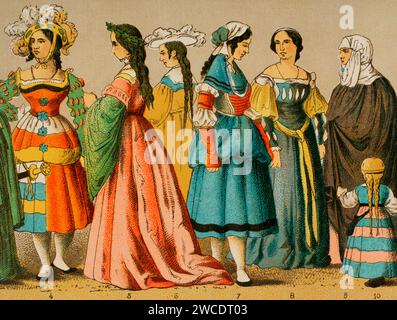 History of Germany. 1500-1550. Women's dresses from different social classes. Chromolithography. 'Historia Universal', by César Cantú. Volume VII, 1881. Stock Photo