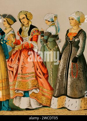 History of Germany. 1500-1550. Women's dresses from different social classes. Chromolithography. 'Historia Universal', by César Cantú. Volume VII, 1881. Stock Photo