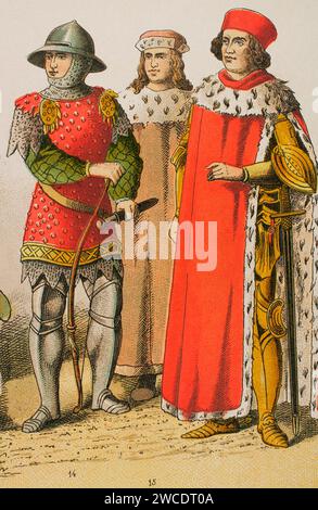 History of Germany. Middle Ages. 1450-1500. From left to right, 14: bowman, 15-16: princes. Chromolithography. 'Historia Universal', by César Cantú. Volume VIII, 1881. Stock Photo