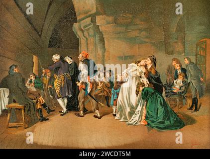 French Revolution. The parting of King Louis XVI and Marie Antoinette, 1792. Both were tried and executed in 1793, during the Reign of Terror. Chromolithography. 'Historia Universal', by César Cantú. Volume X, 1881. Stock Photo