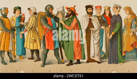 History of Germany. Middle Ages. 1200. From left to right, 1: knight, 2: physician, 3: falconer, 4: knight, 5-6: Jews, 7: Knight of the Teutonic Order, 8-9-10-11: noblewomen. Chromolithography. 'Historia Universal', by César Cantú. Volume X, 1881. Stock Photo