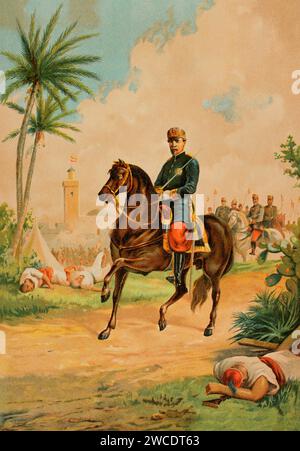 Leopoldo O'Donnell (1809-1867). Spanish military and politician. President of the Spanish government on several occasions after Espartero's Progressive Biennium (1854–1856). Equestrian portrait on the occasion of his participation in the Hispano-Moroccan War (1859-1860), taking command of his troops at the Battle of Tetuan on 4 February 1860. Chromolithography. 'Historia Universal', by César Cantú. Volume X, 1881. Stock Photo