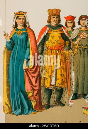 History of Germany. 1200. From left to right, 12: Anna of Hohenstaufen (1230-1307), daughter of Frederick II, 13: Archduke Henry of Breslau, ca. 1258-1290, 14-15: Counts. Chromolithography. 'Historia Universal', by César Cantú. Volume X, 1881. Stock Photo