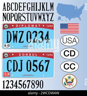 Diplomatic and Consular US license plate, letters, numbers and symbols, vector illustration, USA Stock Vector