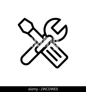 Vector black line icon screwdriver and wrench crosswise isolated on white background Stock Vector