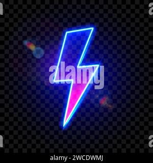 Neon energy lightning bolt shymbol. Electric power. Fast battery charging. Isolated on transparent background. Stock Vector