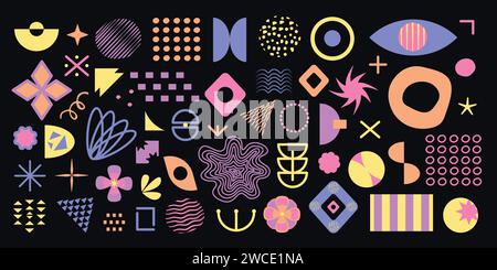 Color brutalist elements set, geometric shapes and primitive figures of memphis and swiss design, vector shapes of y2k style Stock Vector