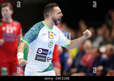 Berlin, Germany. 15th Jan, 2024. Gasper Marguc during the Men Handball EHF Euro 2024 match between Slovenia and Norway Mercedes Benz Arena on January 15, 2024 in Berlin, Germany. (Photo by Piotr Matusewicz/PressFocus/Sipa USA) Credit: Sipa USA/Alamy Live News Stock Photo