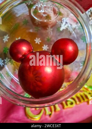 New Year's Eve Mickey Mouse Toy in a Glass Ball Close Up Stock Photo