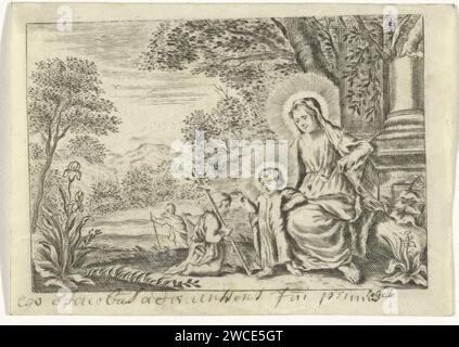 Holy family with Johannes de Boper, Cornelis Galle (II), 1638 - 1678 print Mary with the Christ child for the ruins of a house. Christ blesses John the Baptist who stands for him with a banner in his hand. Joseph is running in the background. Antwerp paper engraving Holy Family with John the Baptist (as child) Stock Photo