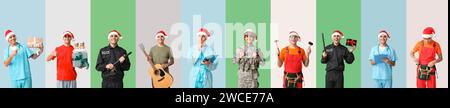 Collage of young man in uniforms of different professions on color background. Happy New Year and Christmas celebration Stock Photo