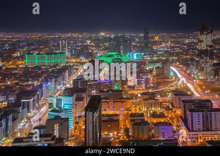 Night panorama of downtown district of Riyadh city center, Al Riyadh, Saudi Arabia Stock Photo