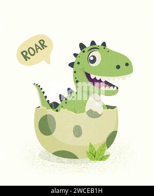 Vector Flat T-Rex Hatched From an Egg. Cartoon Smiling Happy Cute Funny Tyrannosaurus Rex Sitting in Egg. Vector Illustration Stock Vector