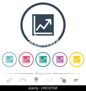 Line graph solid flat color icons in round outlines. 6 bonus icons included. Stock Vector