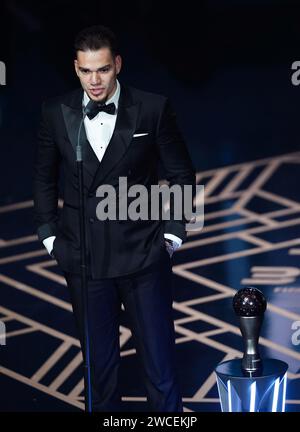 Ederson on stage after receiving the award for The Best Men's Goalkeeper during for The Best FIFA Football Awards at the Eventim Apollo, London. Picture date: Monday January 15, 2024. Stock Photo