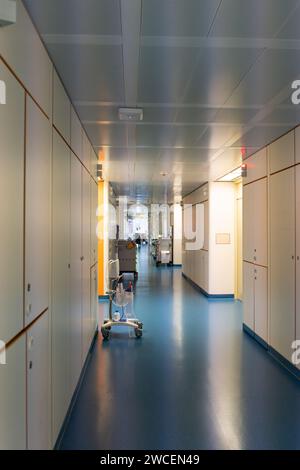Mobile health diagnostic instrument unit at corridor of hospital ward. Doctors and nurses walking in hospital hallway, blurred motion. Stock Photo