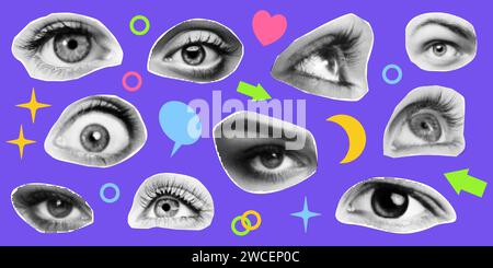 halftone eyes with eyelashes. isolated halftone dots texture black white. retro vintage pop art style collage element for mixed media modern crazy design in white background. Vector illustration Stock Vector