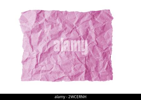 Pink crumpled rectangle sheet of paper with torn edge isolated on white background. Recycled craft paper wrinkled, creased texture, grunge border. Tem Stock Photo