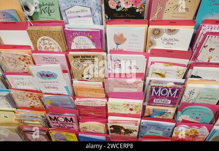Close up of greeting cards at a grocery store greeting card aisle - November 2023 Stock Photo