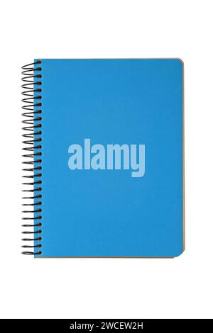 Closed spiral bound notepad with blue cover isolated on white background. Top view, copy space for text, template, mockup. Stock Photo