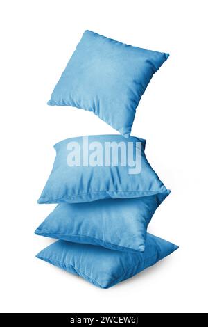 Stack of blue pillows isolated on white background. Pile of  decorative cushions for sleeping and resting, home interior, house decor. Stock Photo
