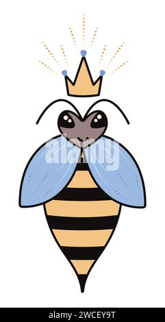 Cute bee queen with a crown, honeybee mother vector illustration in dark brown, yellow and blue colors Stock Vector