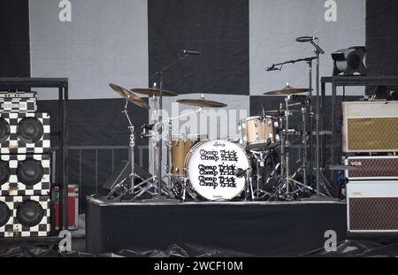 Cheap Trick drum kit set up on stage before a concert in Sherman Texas July 3, 2023 Stock Photo