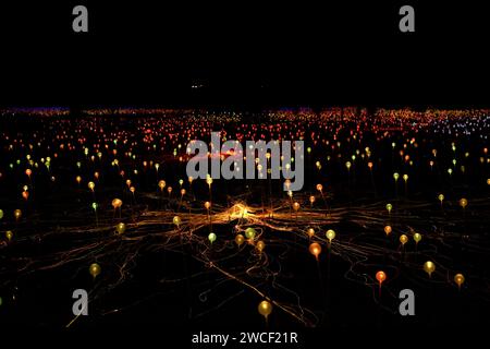 Amber & green frosted-glass spheres, the many coloured lights of Field of Light, an art installation by artist Bruce Munro Uluru in Central Australia Stock Photo