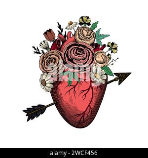 Heart pierced by arrow, broken heart with flowers. Illustration in engraving vintage style for design and tattoo Stock Vector